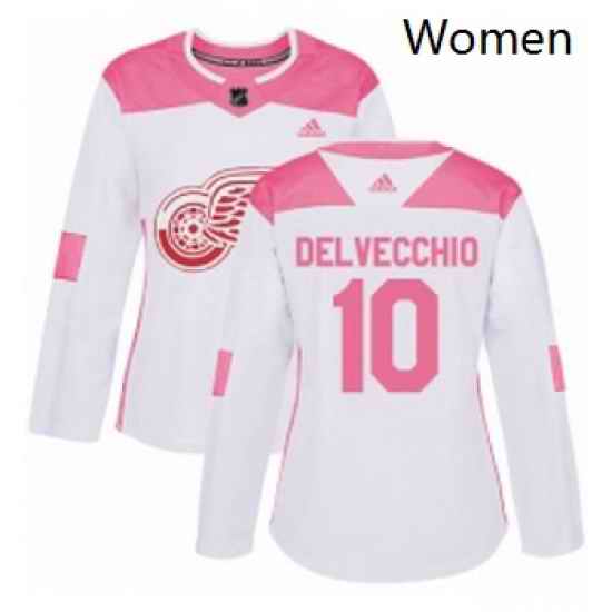 Womens Adidas Detroit Red Wings 10 Alex Delvecchio Authentic WhitePink Fashion NHL Jersey